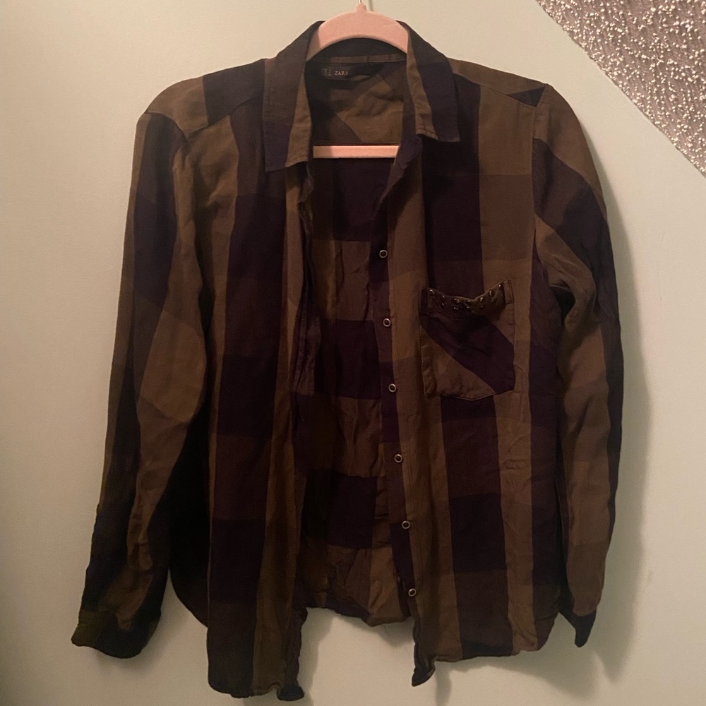 Zara Olive and Black Plaid Button-Up Shirt 100% Viscose